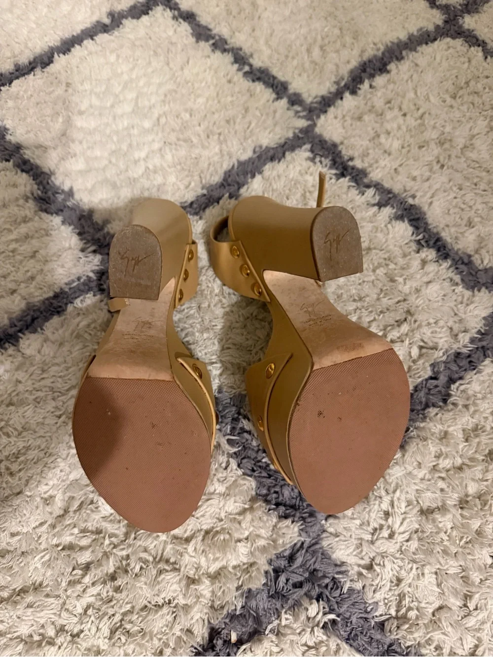 Giuseppe Zanotti Tan Platform Peep-Toe Sandals with Gold Studs